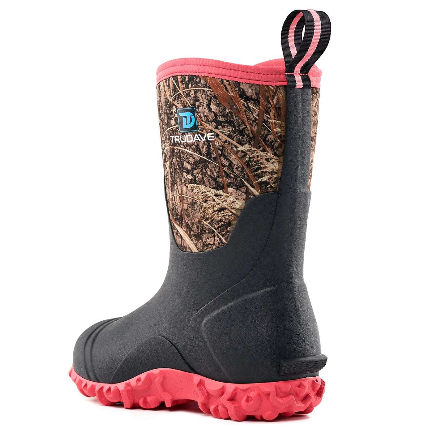 Side view of Trudave MudTrek Series mid-calf waterproof rubber rain boots – pink camo design featuring durable waterproof shell and slip-resistant sole for everyday rain and outdoor use